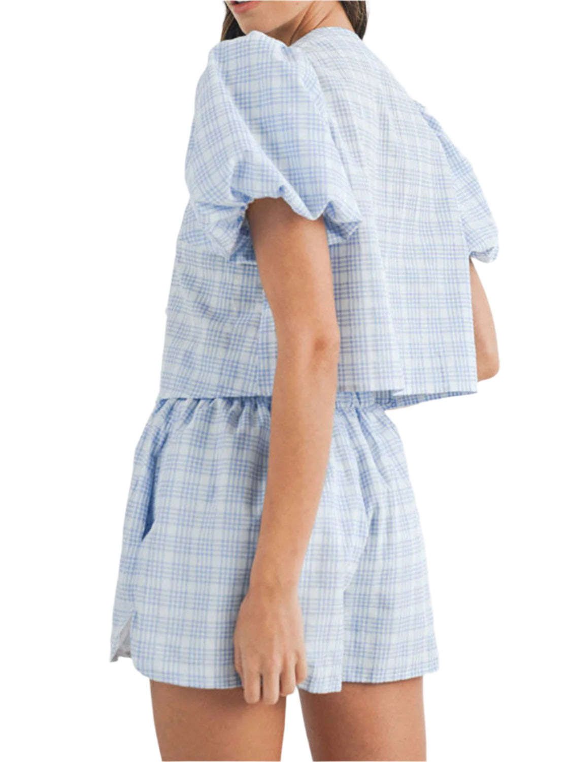 V-Neck Puff Sleeve Top and Shorts Set