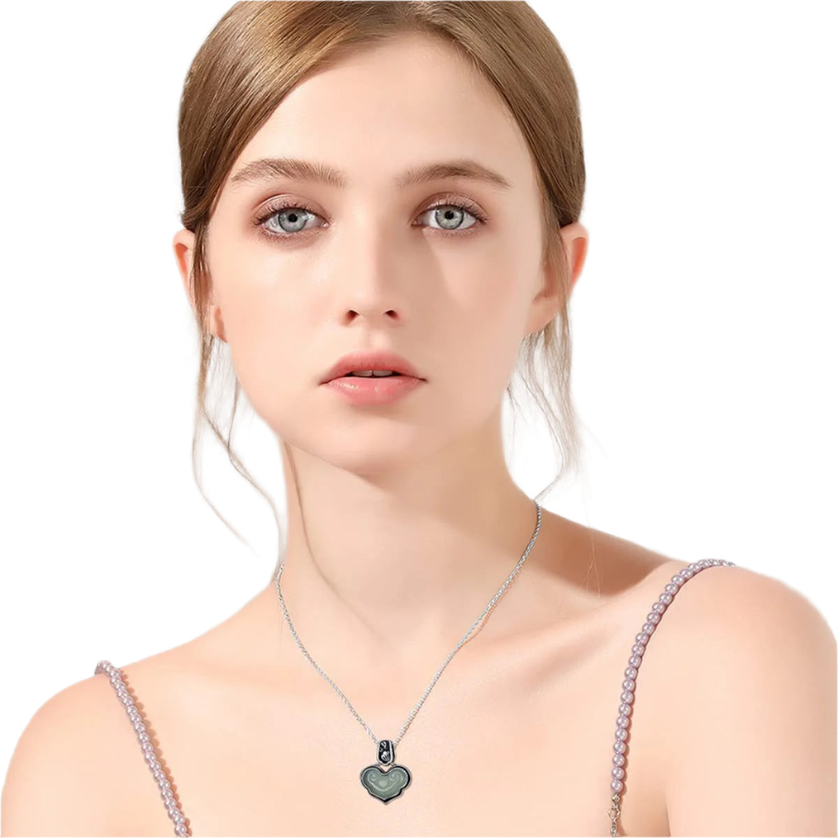 Carved Jade Crystal Inlaid Heart Pendant 925 Sterling Silver Necklace