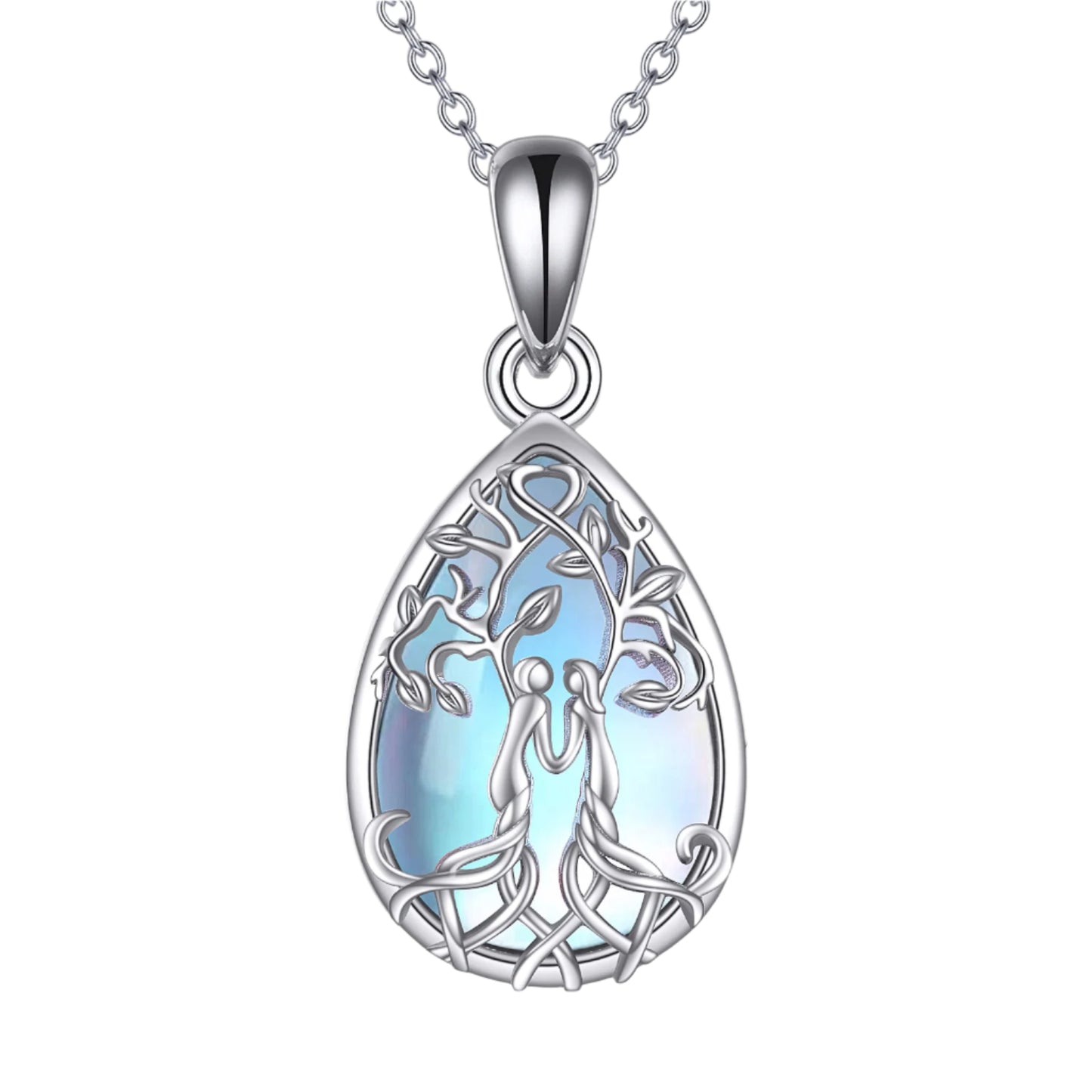 Ask and Embla in Yggdrasil Pendant 925 Sterling Silver Necklace with Malachite or Moonstone Crystal