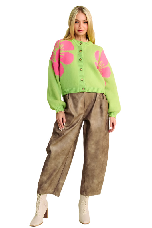 Davi & Dani Flower Contrast Round Neck Long Sleeve Cardigan