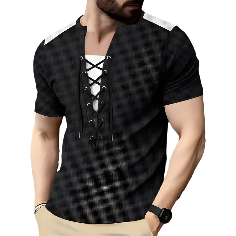 Men's Contrast Color Lace Up Shirt