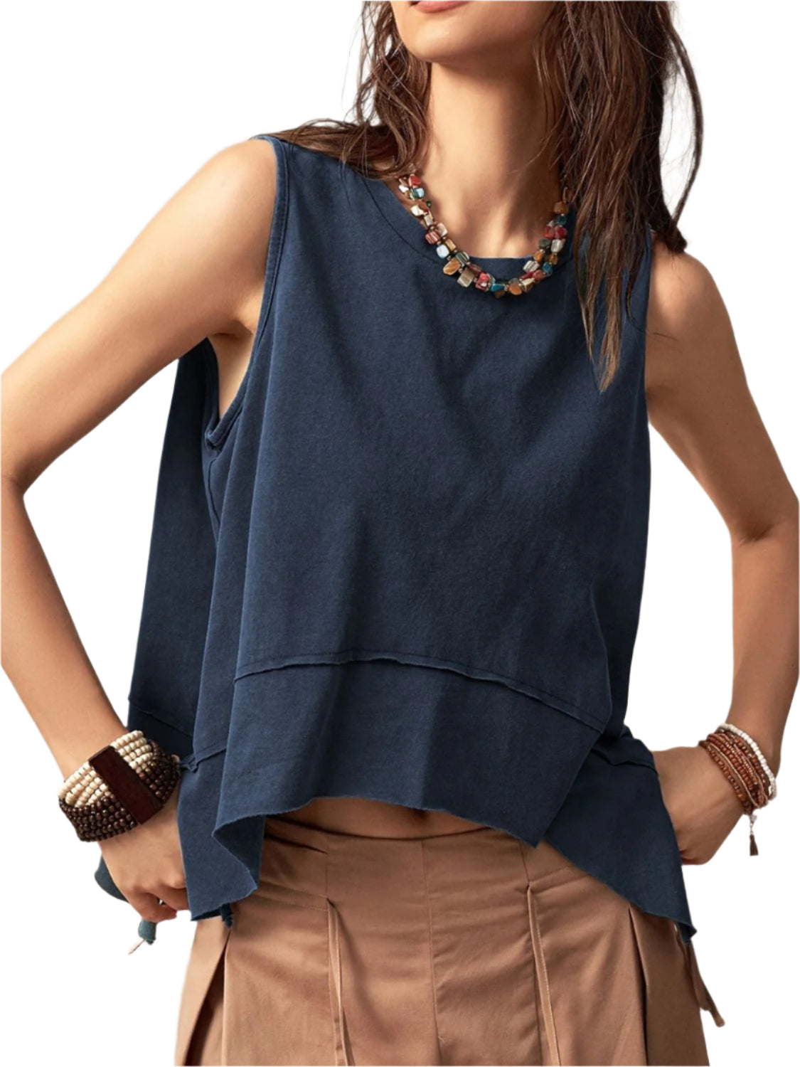 Exposed Seam Side Slit Round Neck Tank
