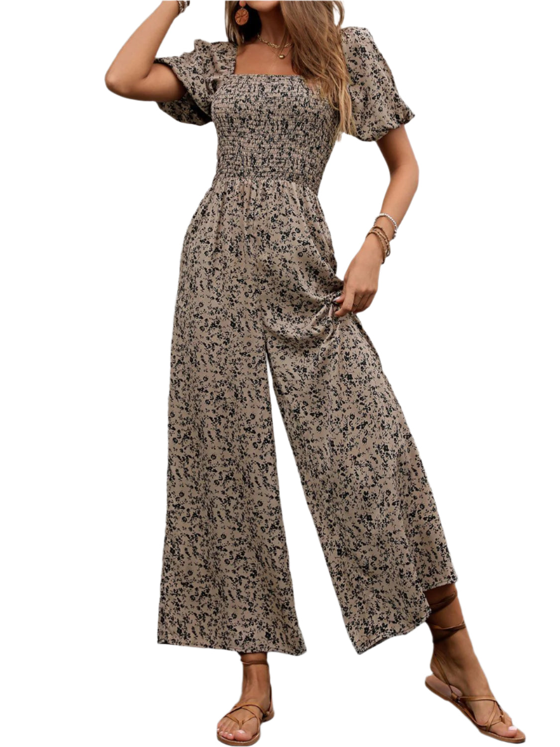 Perfee Smocked Printed Square Neck Puff Sleeve Jumpsuit