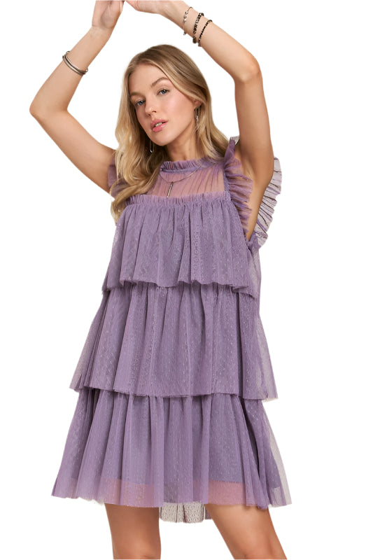 ADORA Layered Ruffled Cap Sleeve Mesh Dress