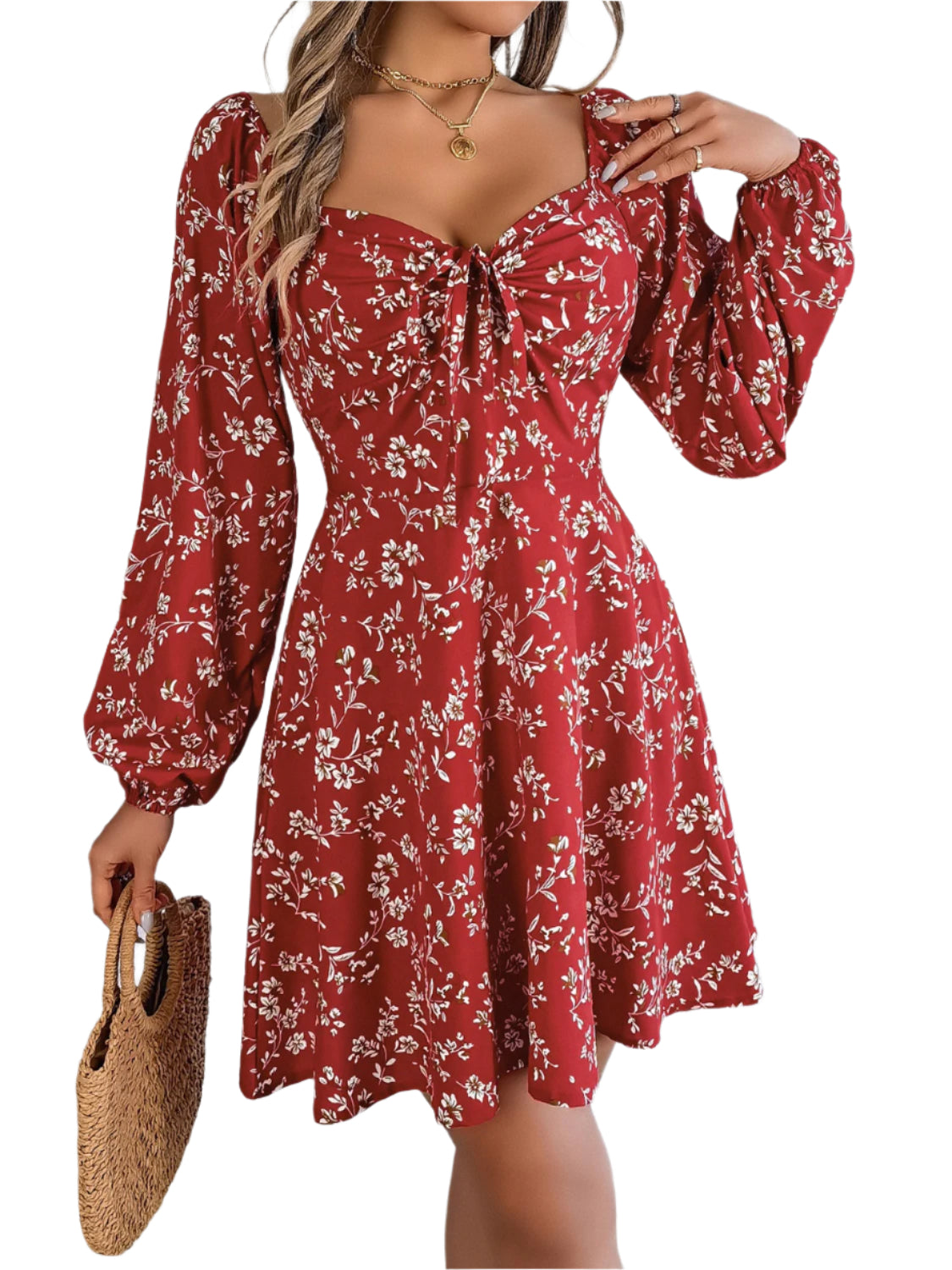 Printed Sweetheart Neck Balloon Sleeve Mini Dress