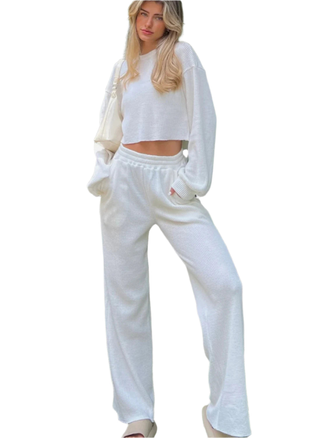 Waffle-Knit Round Neck Top and Pants Set