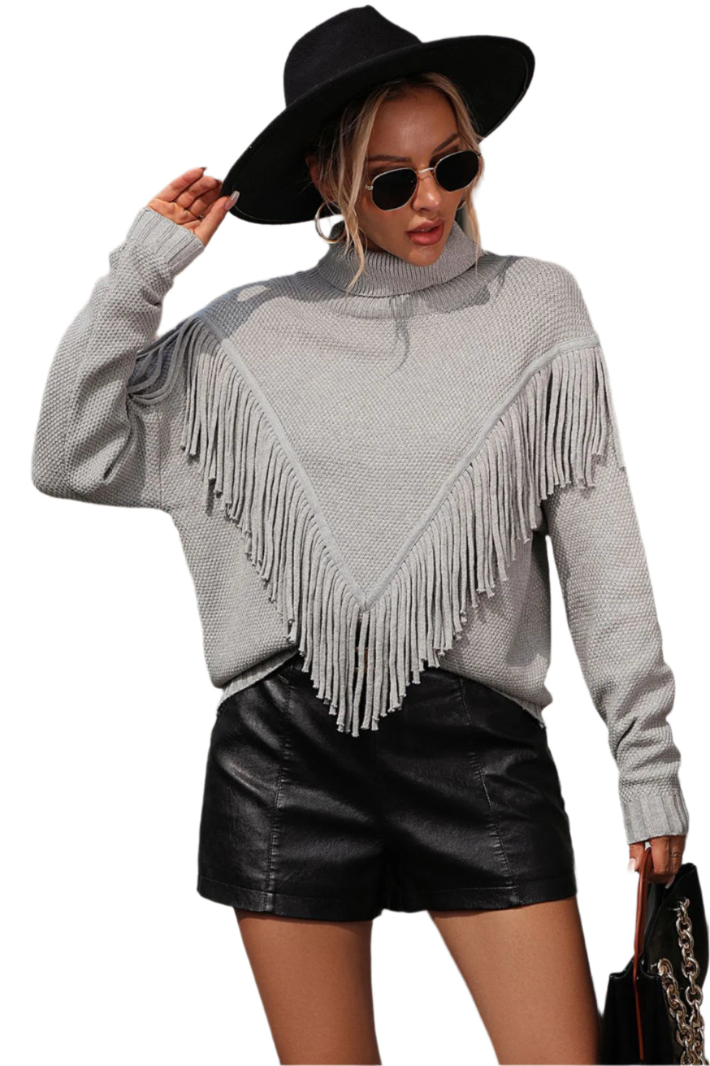 Turtle Neck Tassel Front Long Sleeve Pullover Sweater