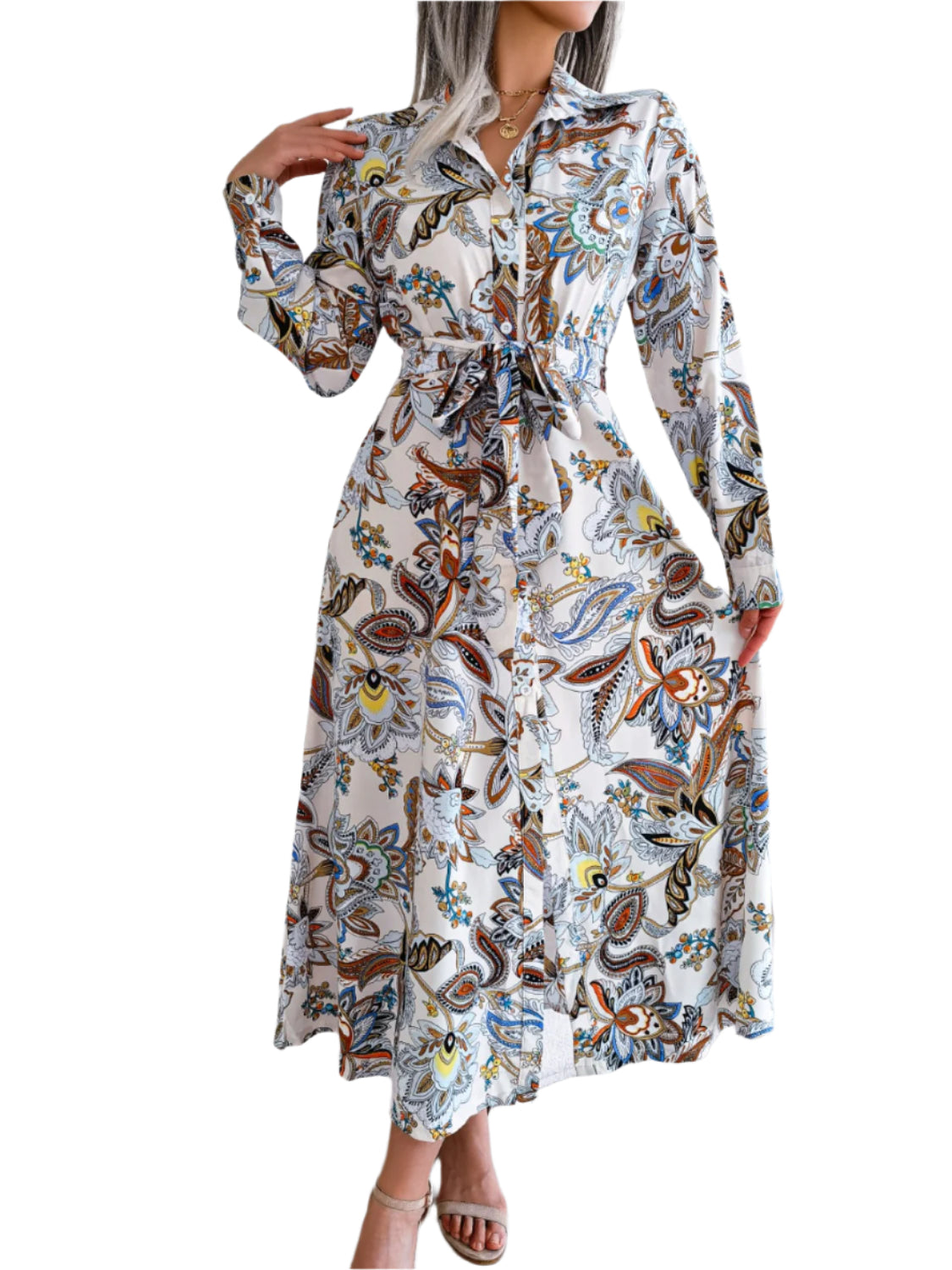 Tied Printed Long Sleeve Midi Dress