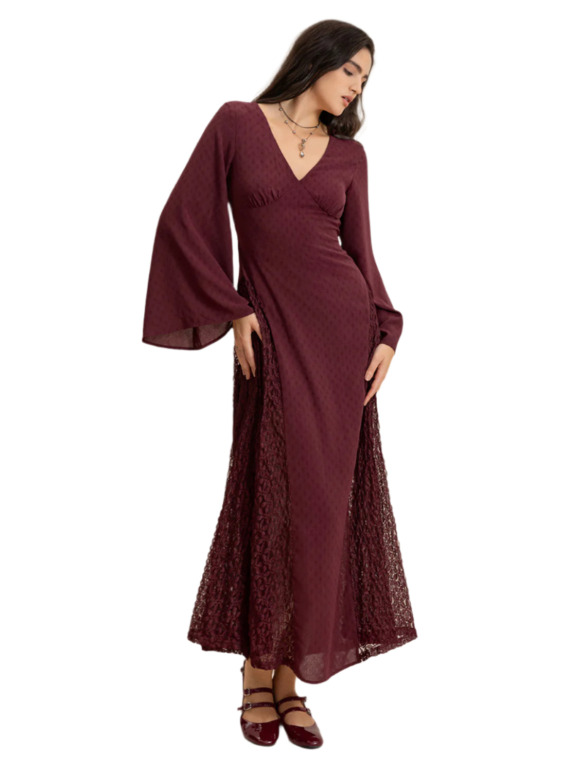 Lace Patchwork V-Neck Long Sleeve Midi Dress