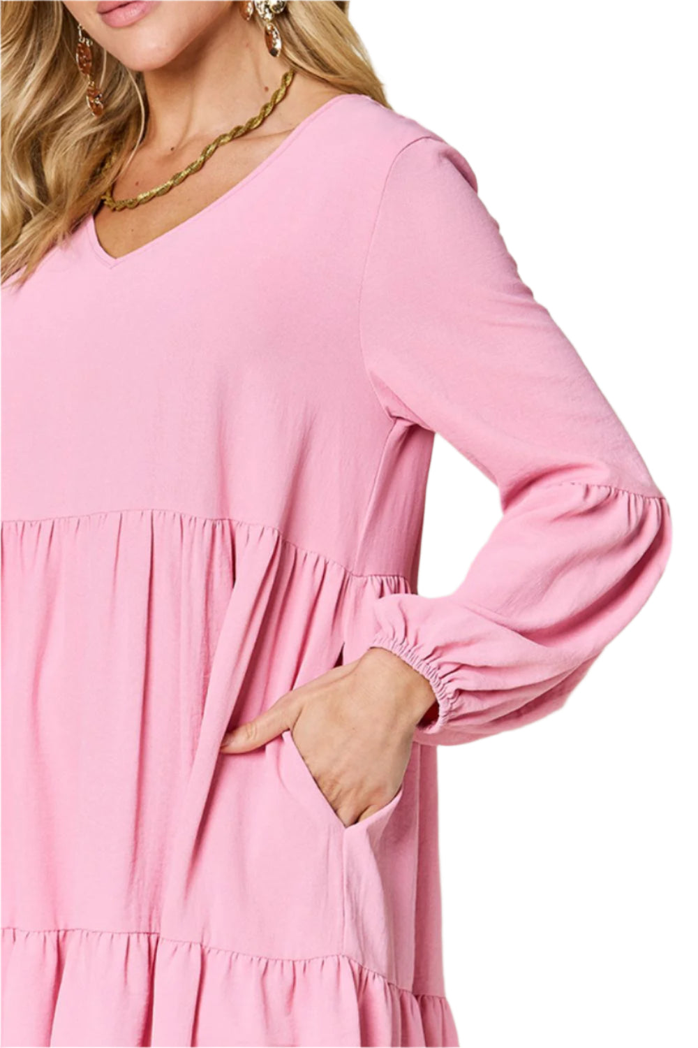 Double Take Full Size V-Neck Balloon Sleeve Tiered Dress with Pockets