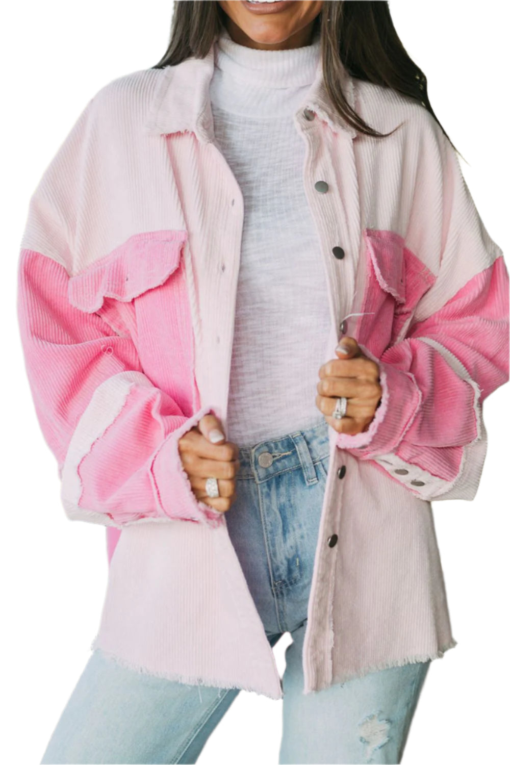 Two-tone Color Exposed Seam Corduroy Shacket