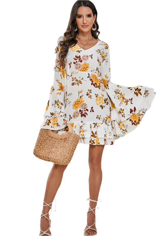 Printed V-Neck Flare Sleeve Mini Dress