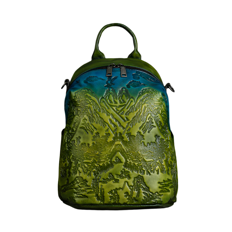 Nature Scenery Embossed Vegetable Tanned Cowhide Leather Backpack