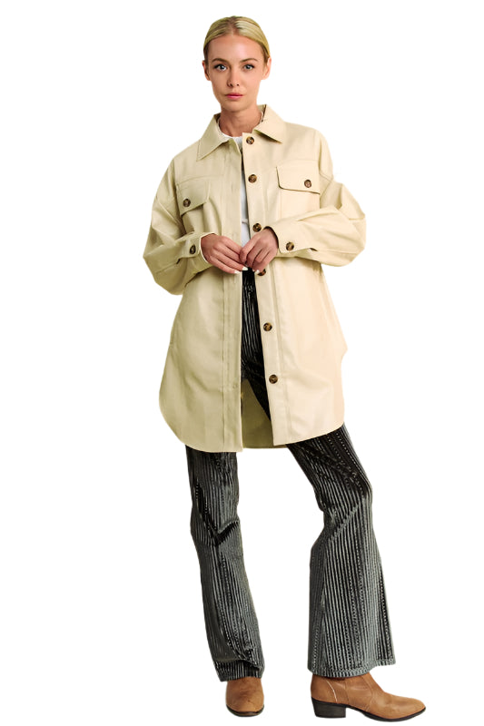 Davi & Dani Faux Leather Button Up Jacket with Chest Pockets