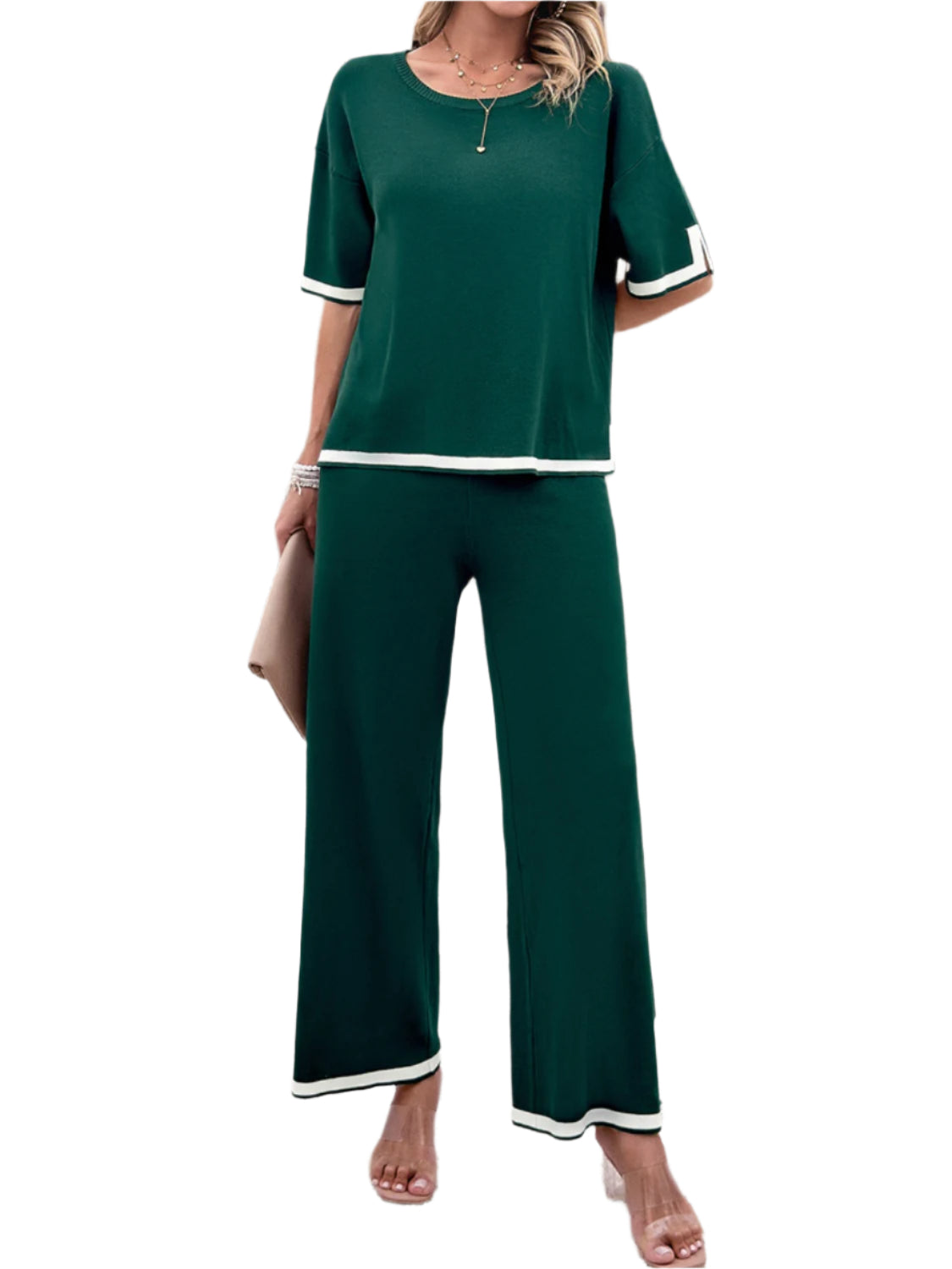 Devine Contrast Trim Round Neck Top and Pants Set