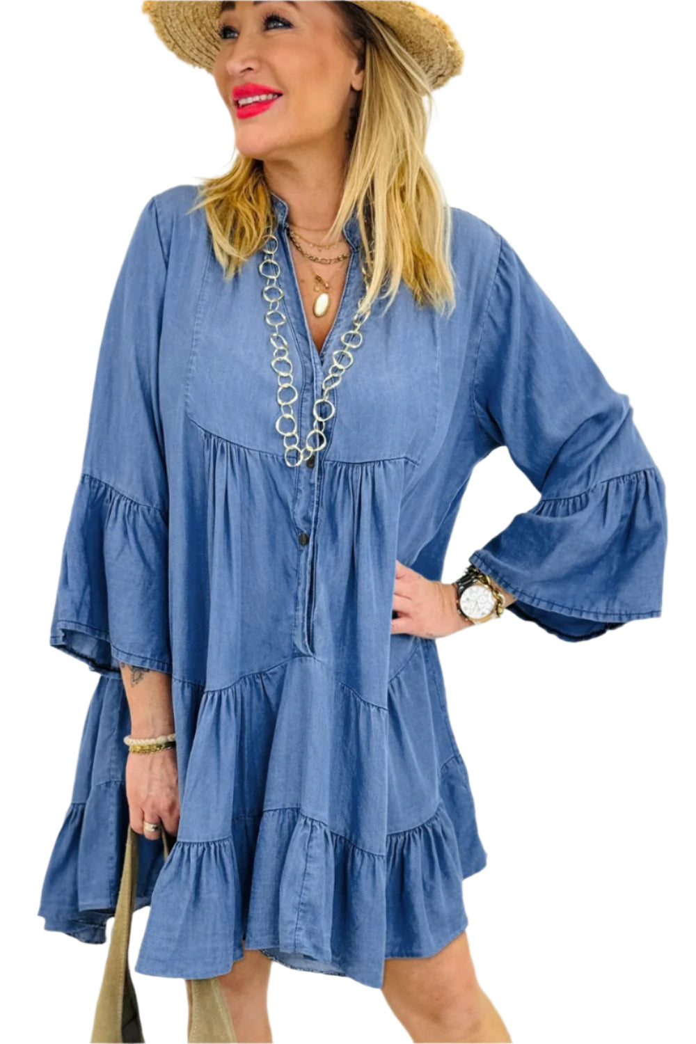 Notched Three-Quarter Sleeve Denim Dress