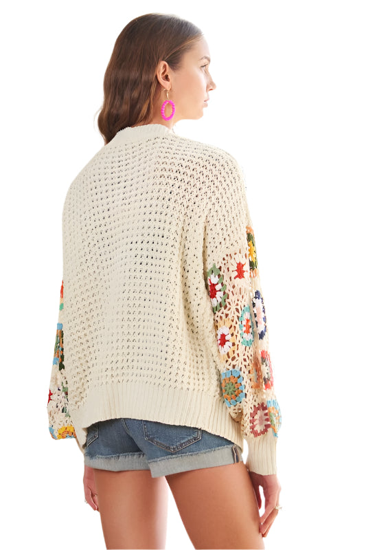 ADORA Plus Size Contrast Crochet Open Front Long Sleeve Cardigan