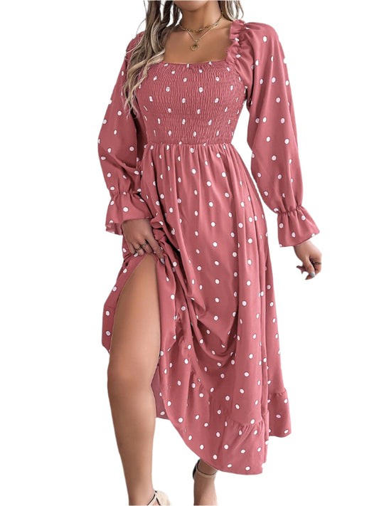 Polka Dot Flounce Sleeve Midi Dress