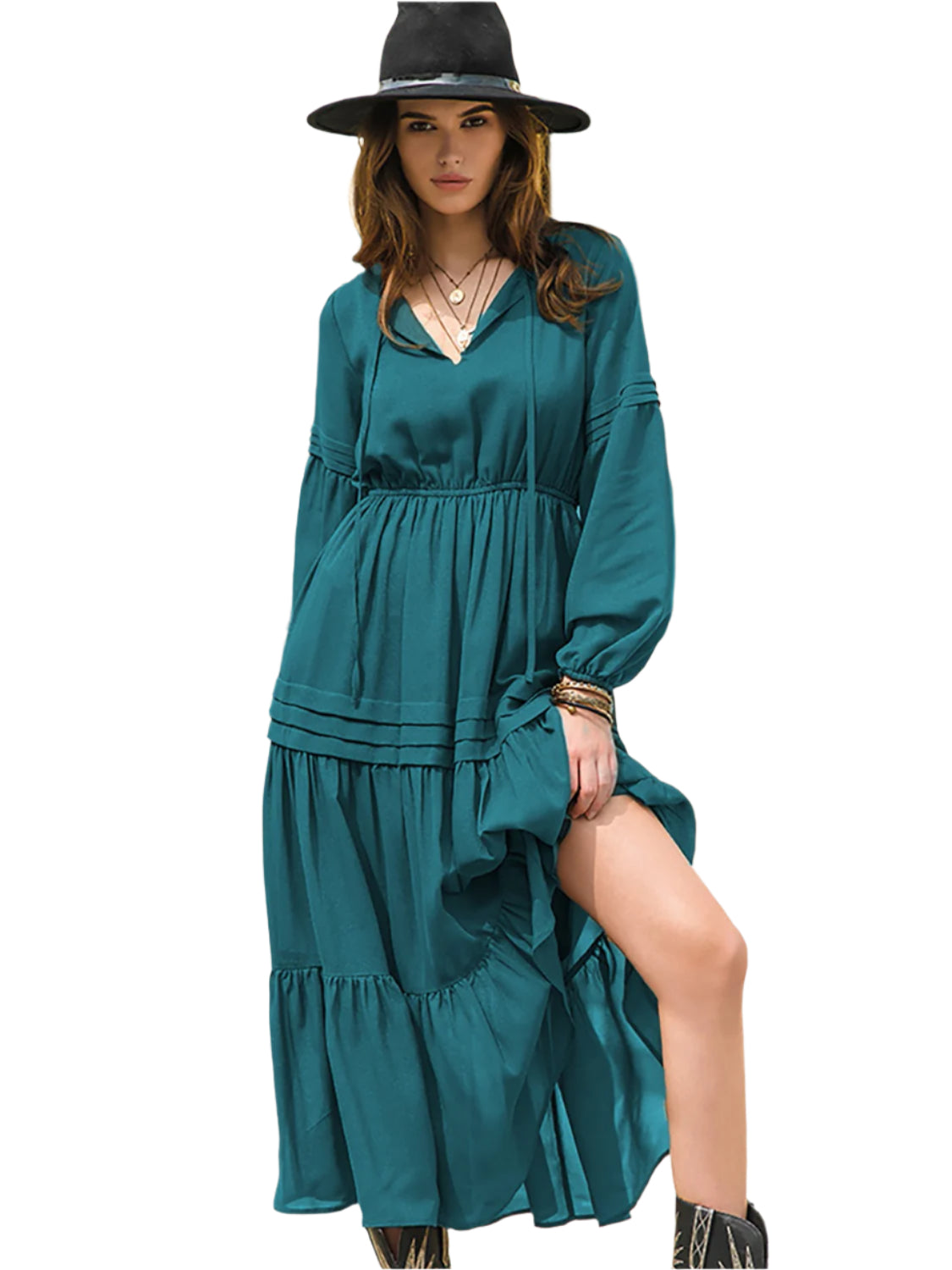 Tie Neck Long Sleeve Midi Tiered Dress