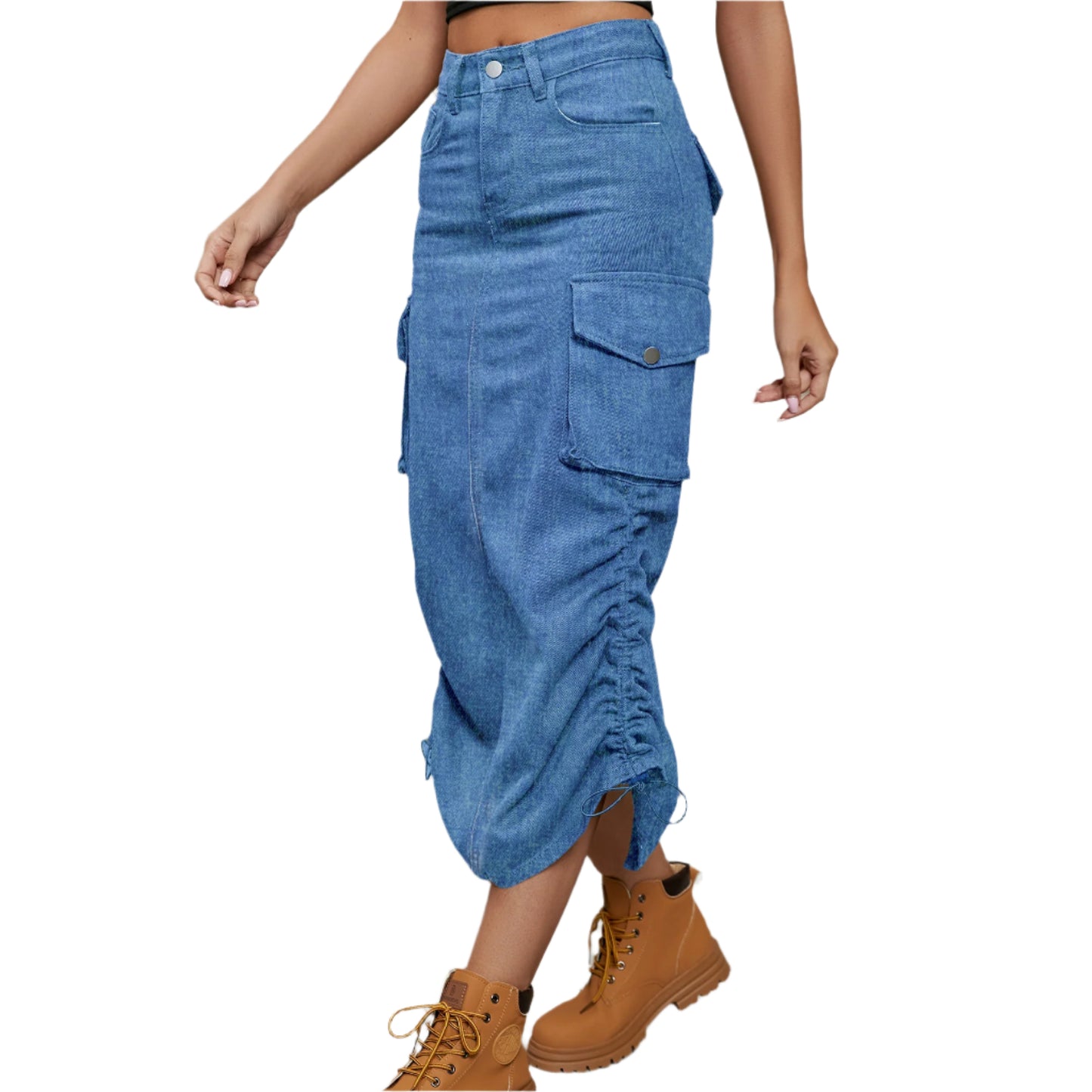 Drawstring Ruched Slit Denim Midi Skirt