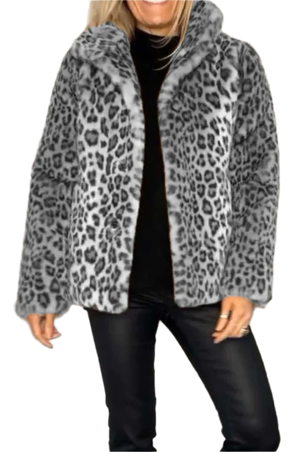 Full Size Leopard Furry Collared Neck Long Sleeve Coat
