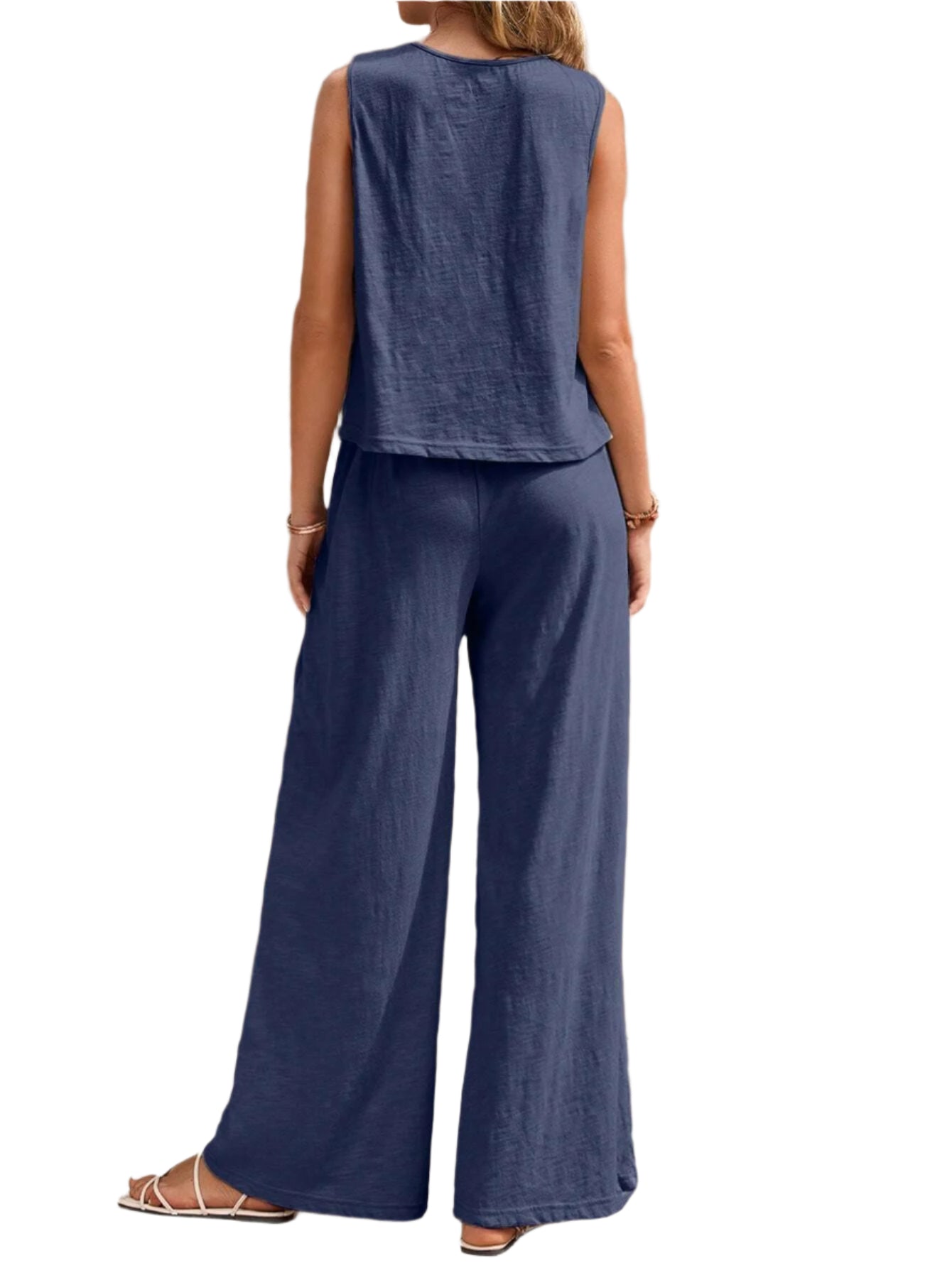 Round Neck Sleeveless Top and Wide Leg Pants Set
