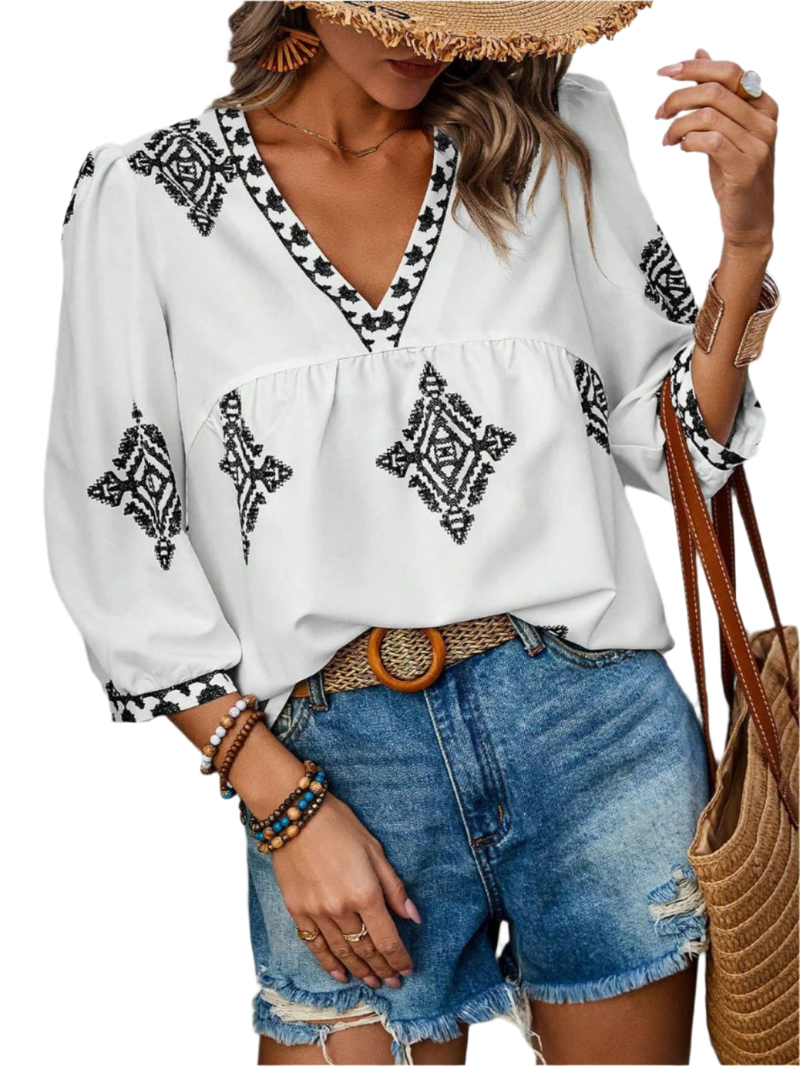 Printed V-Neck Three-Quarter Sleeve Blouse