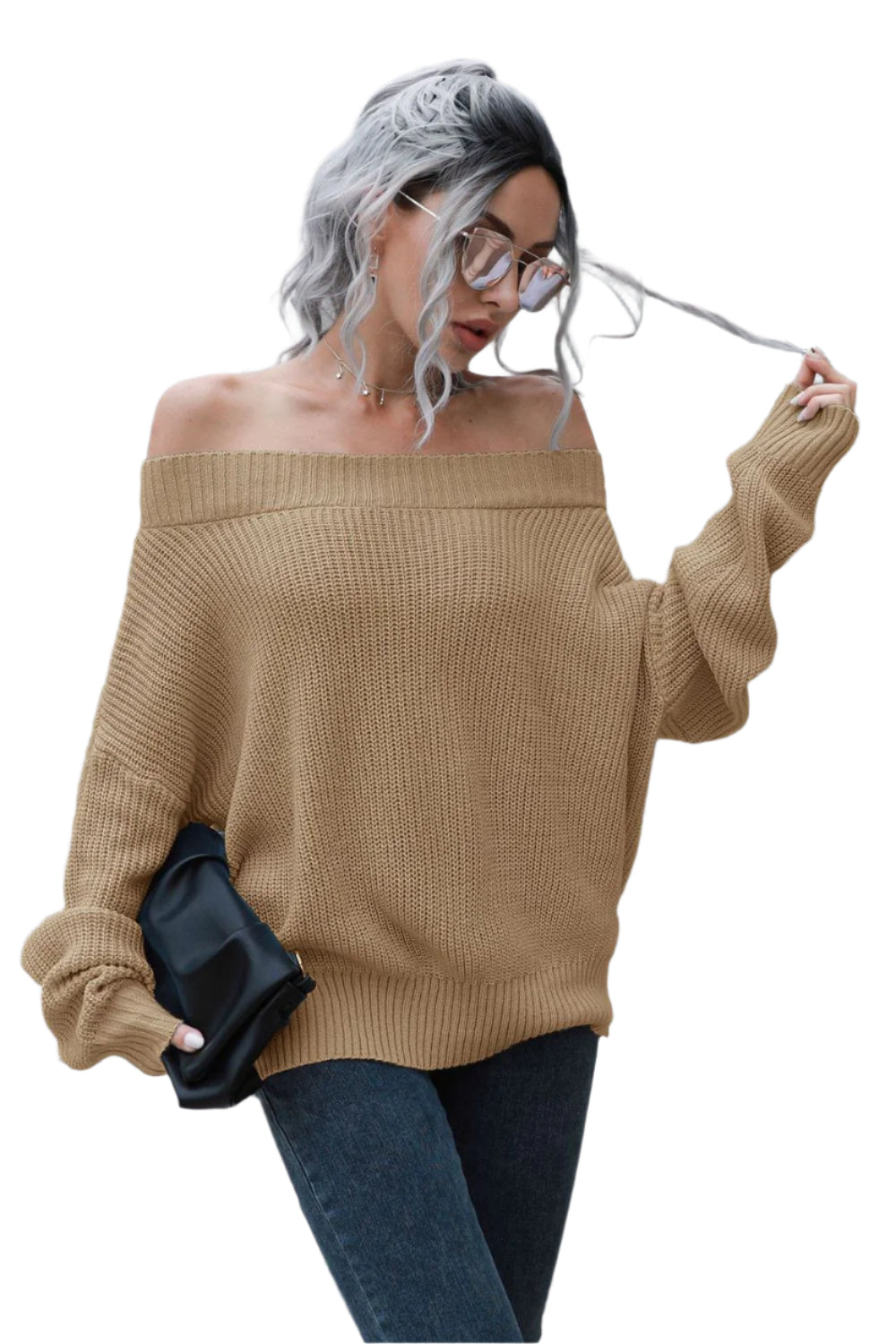 Off-Shoulder Ribbed Long Sleeve Pullover Sweater