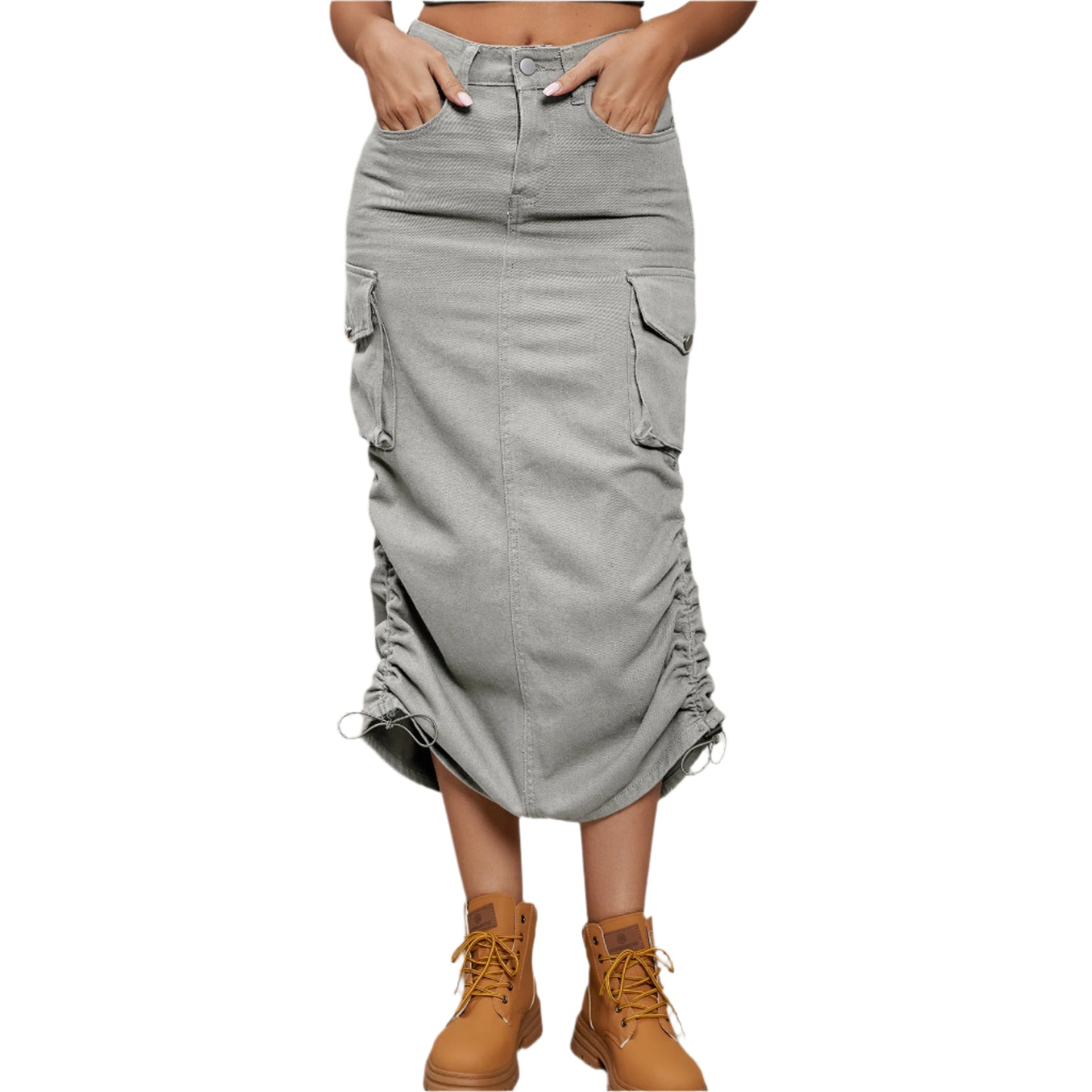 Drawstring Ruched Slit Denim Midi Skirt