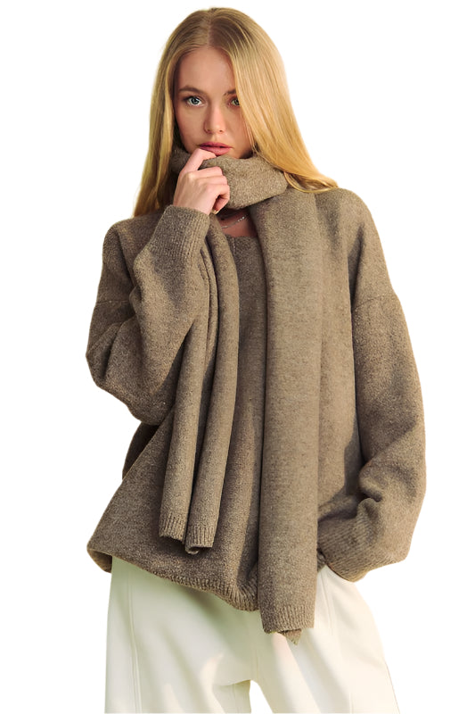 Davi & Dani V-Neck Dropped Shoulder Sweater with Scarf