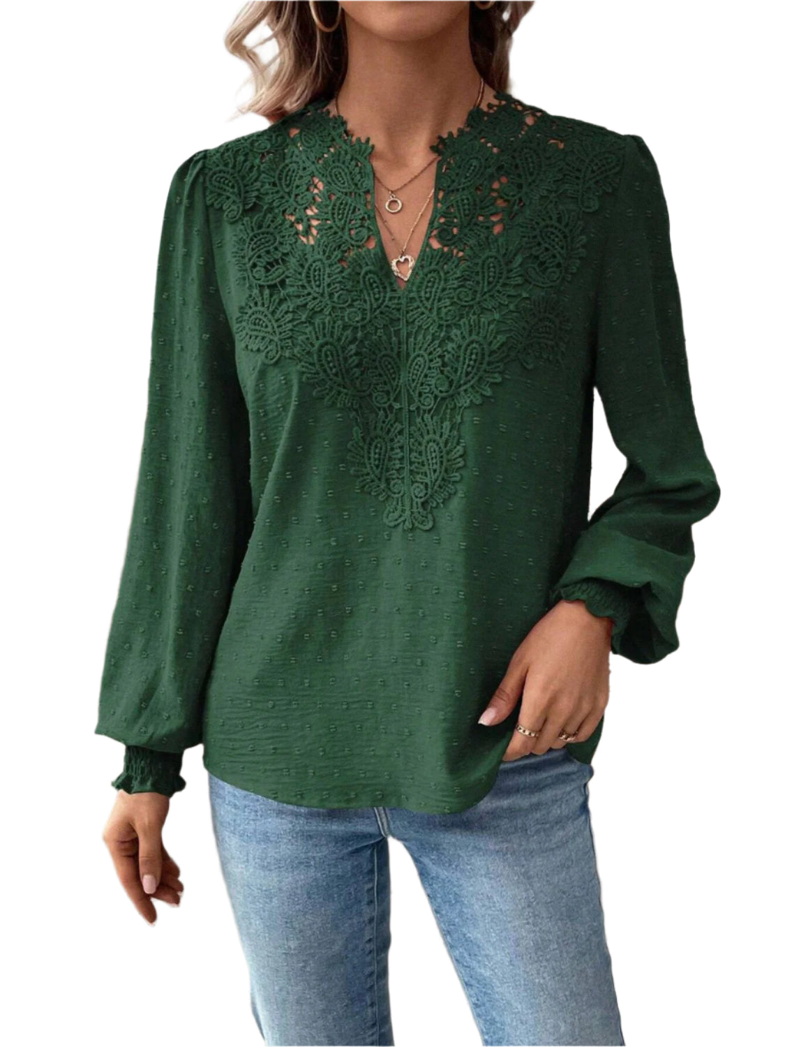 Swiss Dot Lace Detail Notched Long Sleeve Blouse