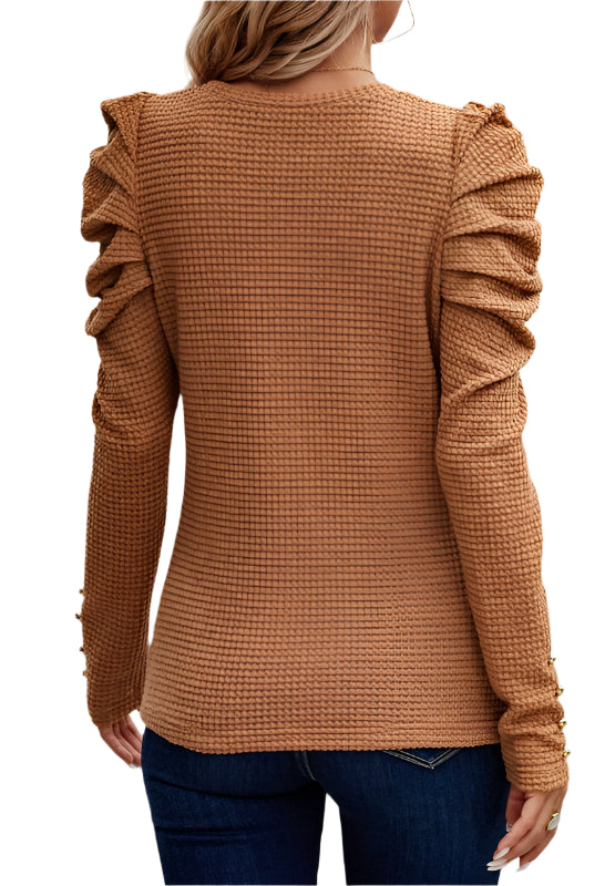 Decorative Button Round Neck Puff Sleeve Blouse