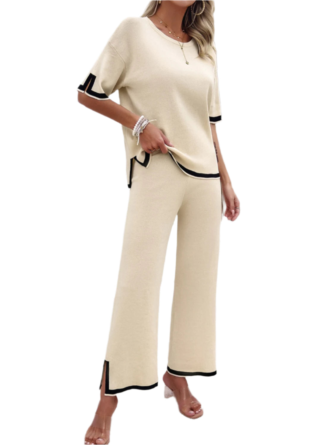 Devine Contrast Trim Round Neck Top and Pants Set