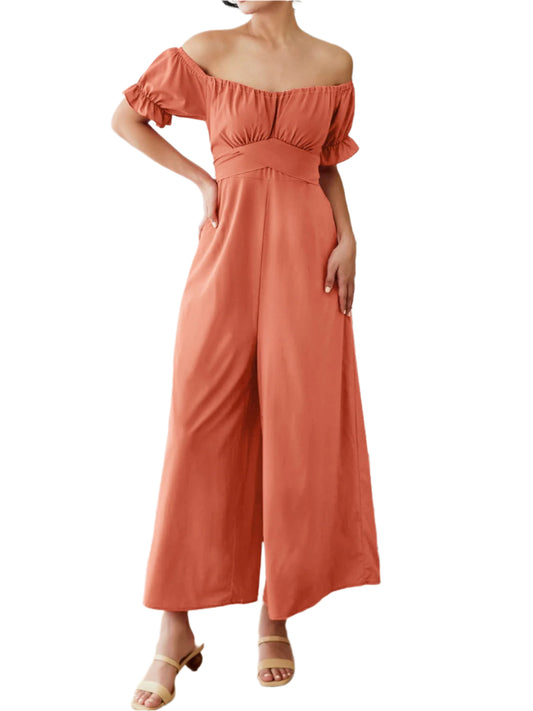 Off-Shoulder Short Sleeve Wide Leg Jumpsuit