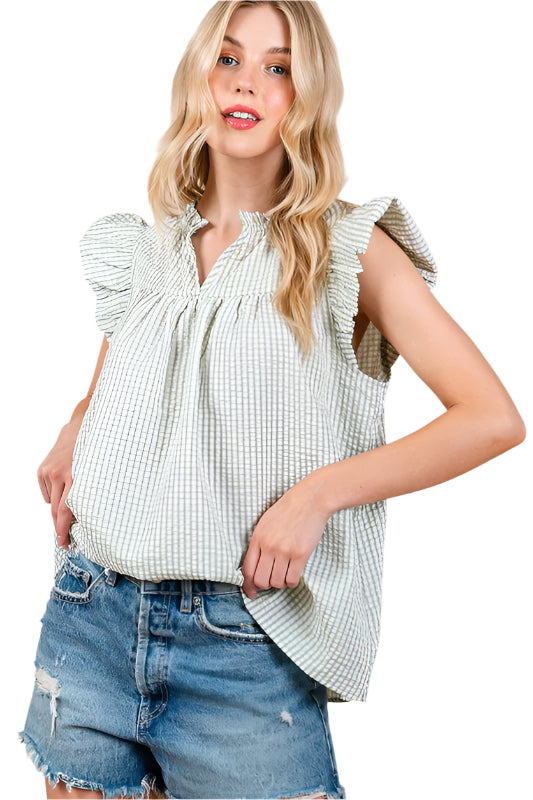 Ces Femme Plaid Notched Ruffled Cap Sleeve Blouse