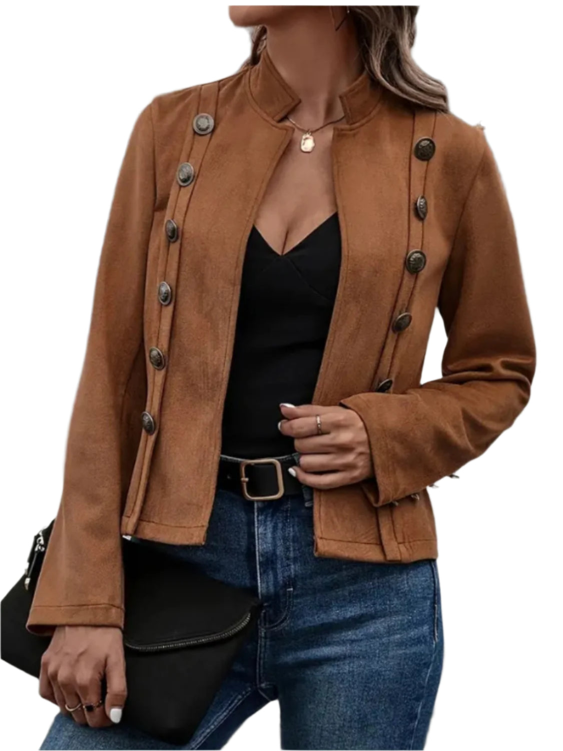 Decorative Button Open Front Long Sleeve Jacket