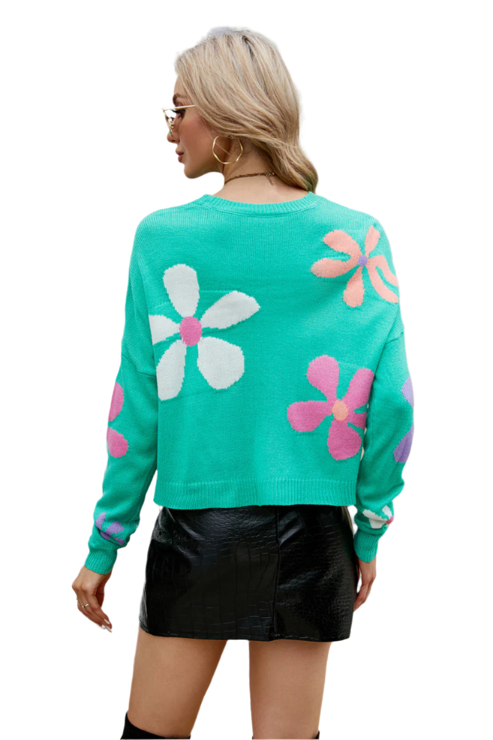 Flower Round Neck Drop Shoulder Sweater