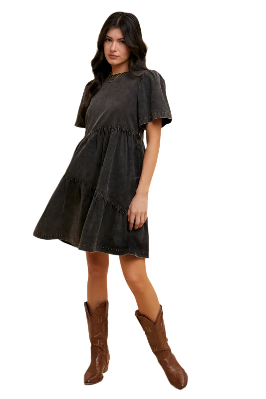 Annie Wear Mineral Washed Round Neck Short Sleeve Denim Dress