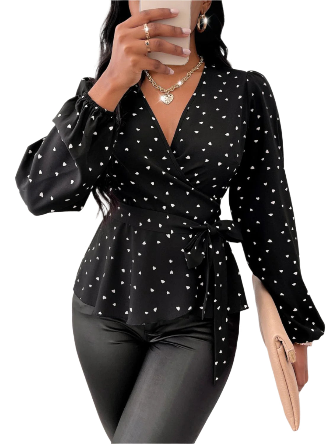 Heart Print Surplice Balloon Sleeve Blouse