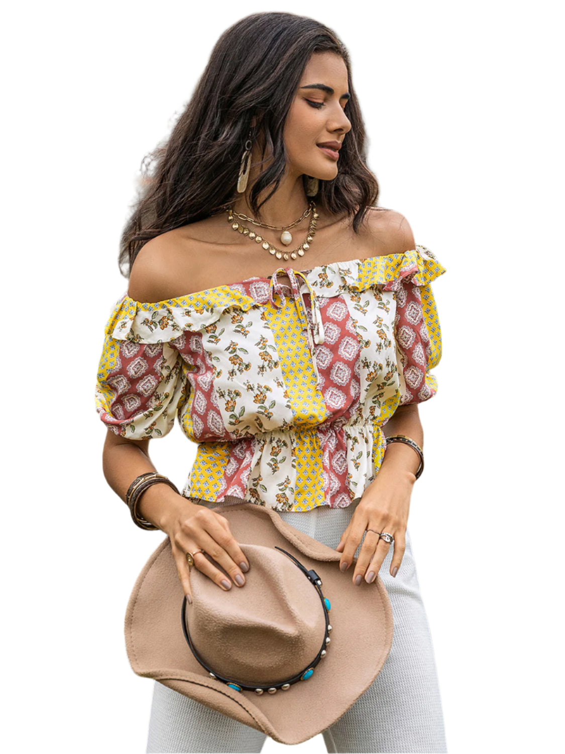 Ruffled Printed Off-Shoulder Short Sleeve Blouse