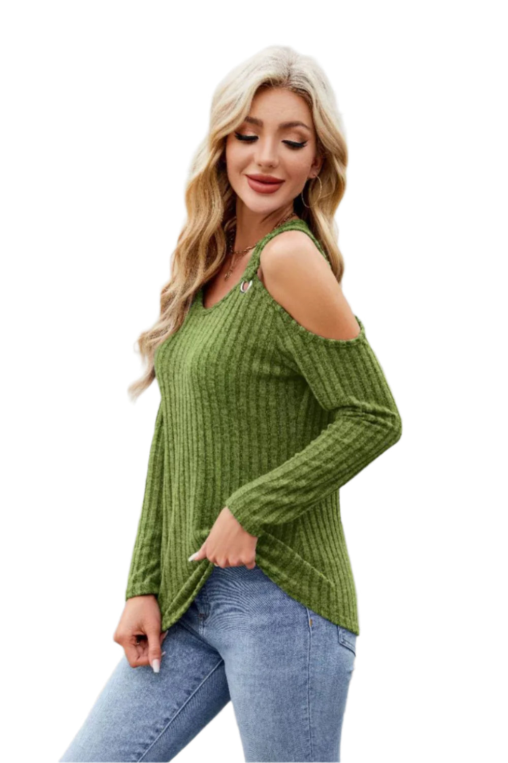 Ribbed Cold Shoulder Long Sleeve Top