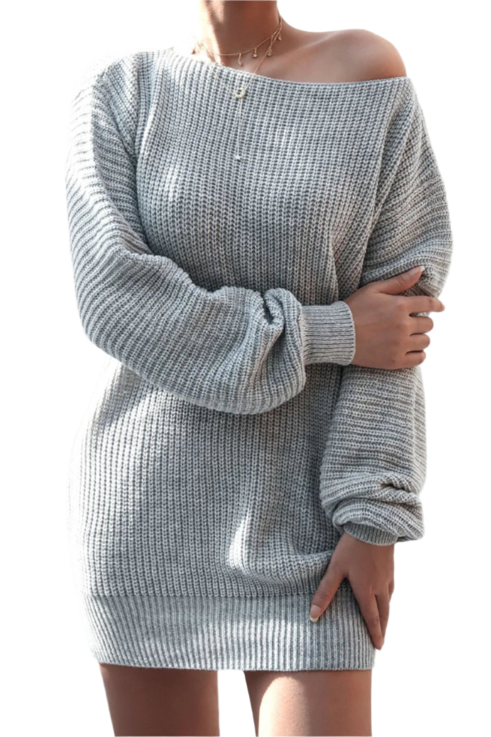 Boat Neck Long Sleeve Mini Sweater Dress
