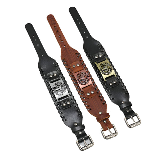 Cowhide Woven Wolf Head with Norse Elder Futhark Runes Bracelet