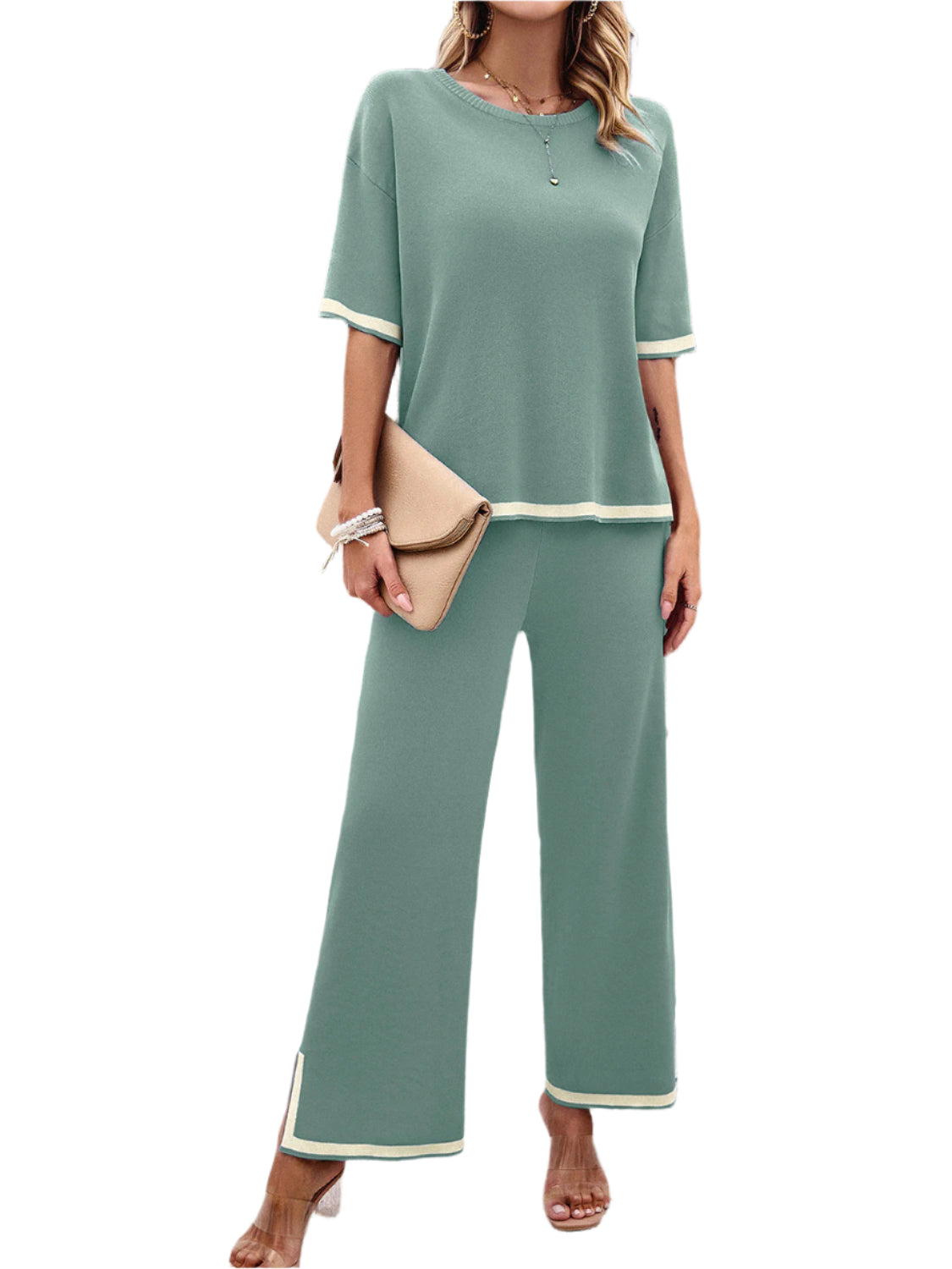 Devine Contrast Trim Round Neck Top and Pants Set