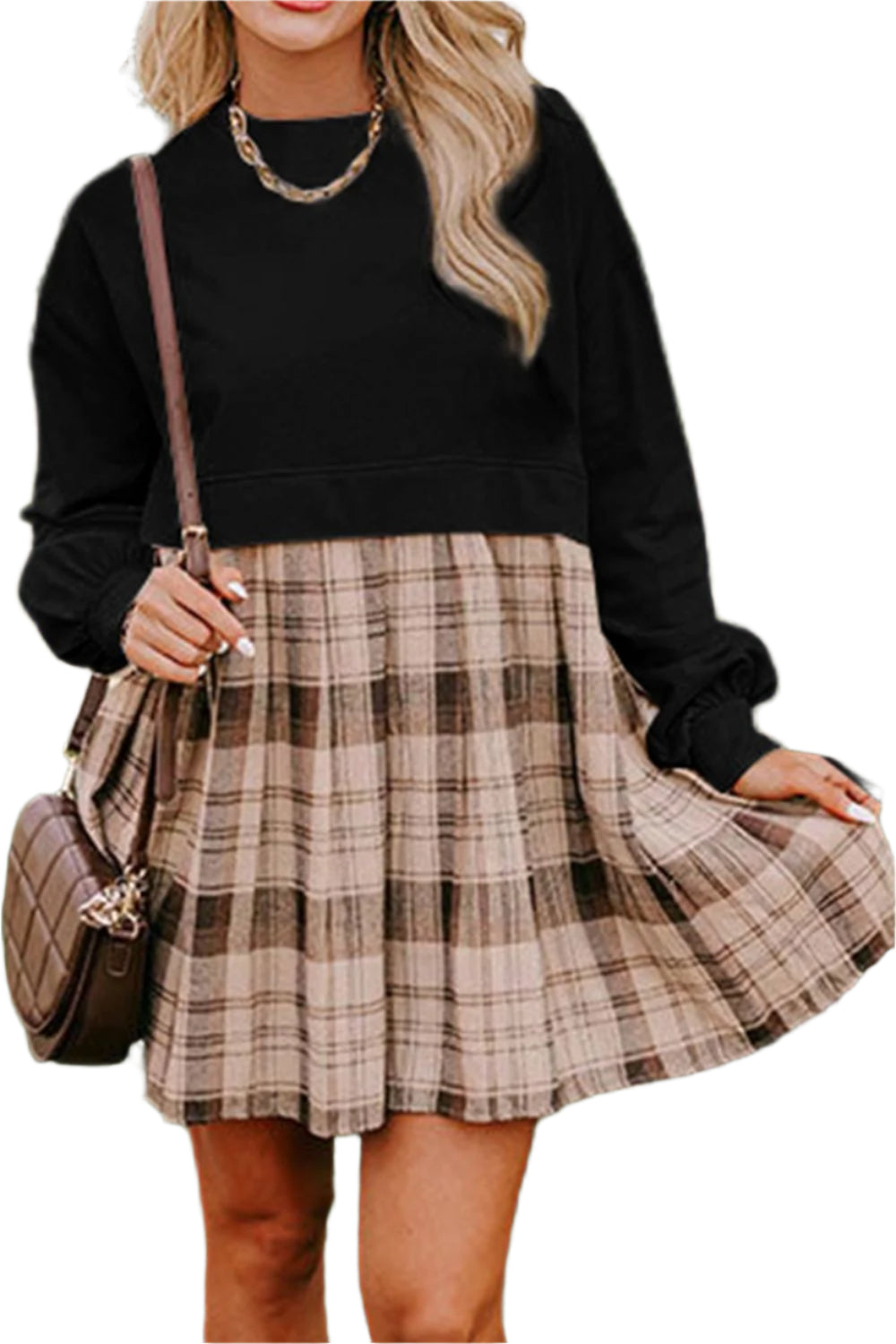 Plaid Round Neck Long Sleeve Mini Dress