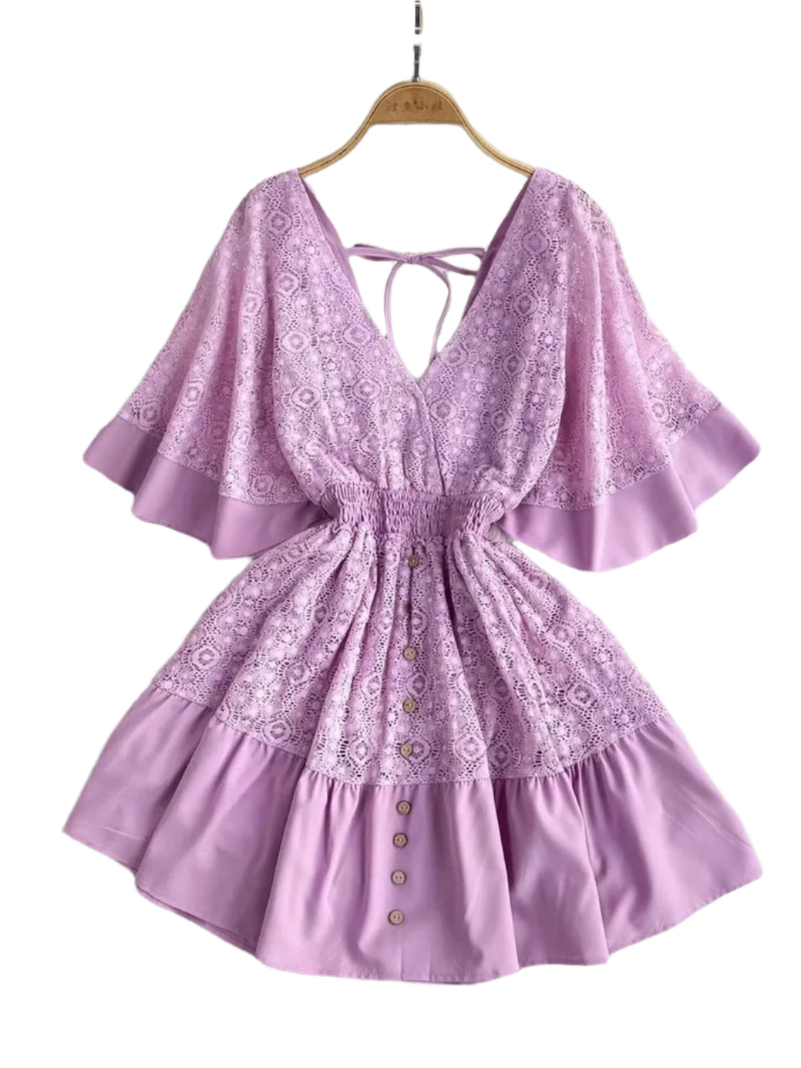 Ruffle Hem Tie Back Lace Mini Dress