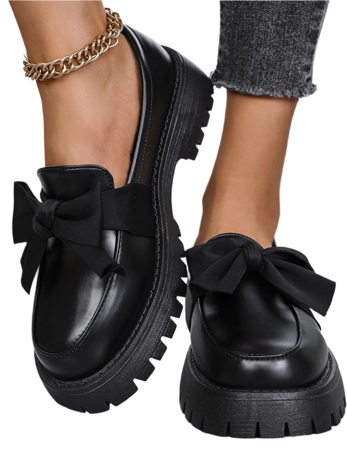 Bow PU Leather Round Toe Loafers