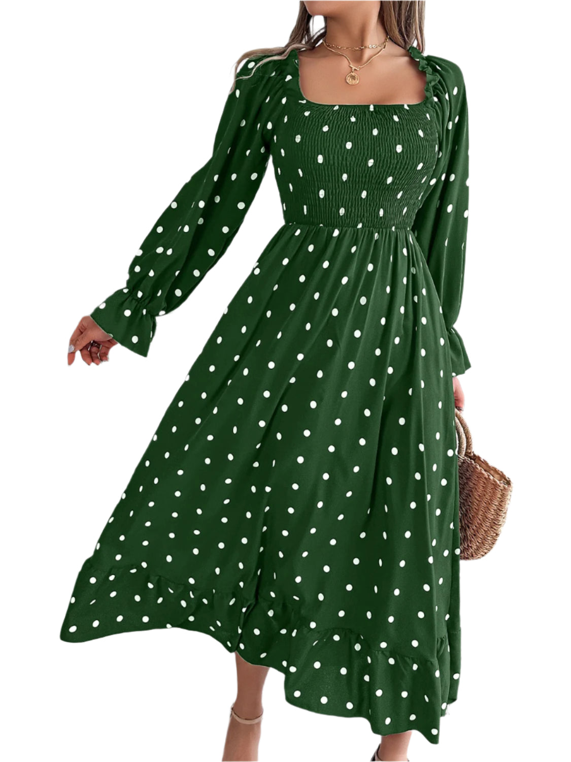 Polka Dot Flounce Sleeve Midi Dress