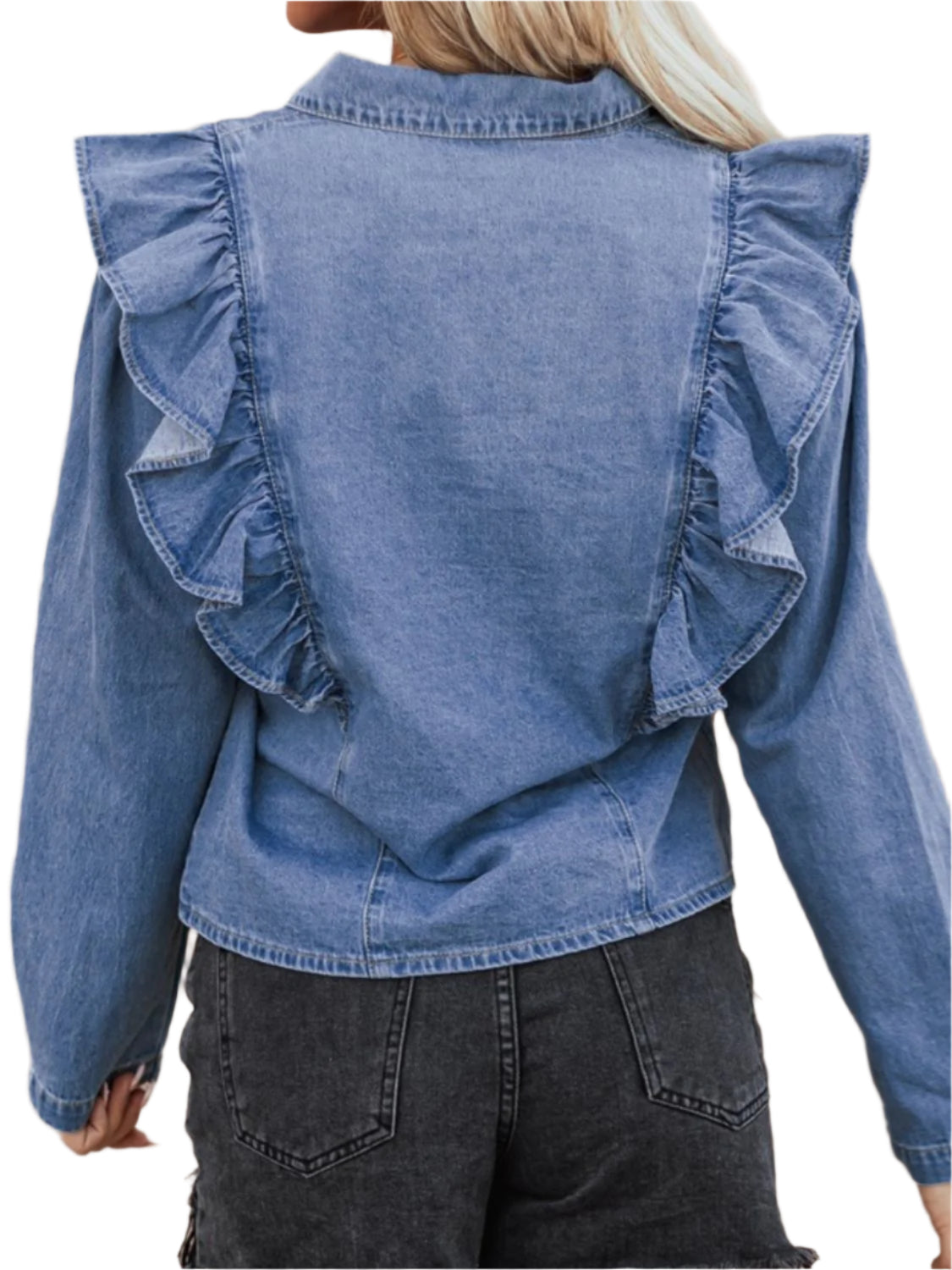 Ruffled Collared Neck Long Sleeve Denim Top