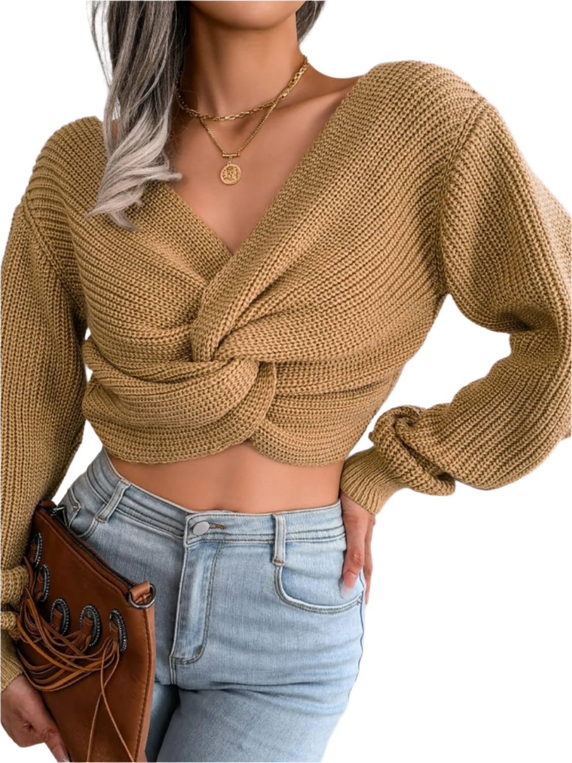 Twisted Front Long Sleeve Cropped Sweater